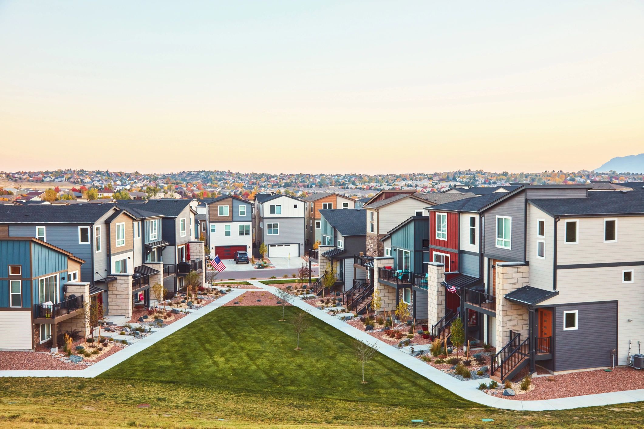 Charming neighborhood street used to represent a cozy mystery village setting