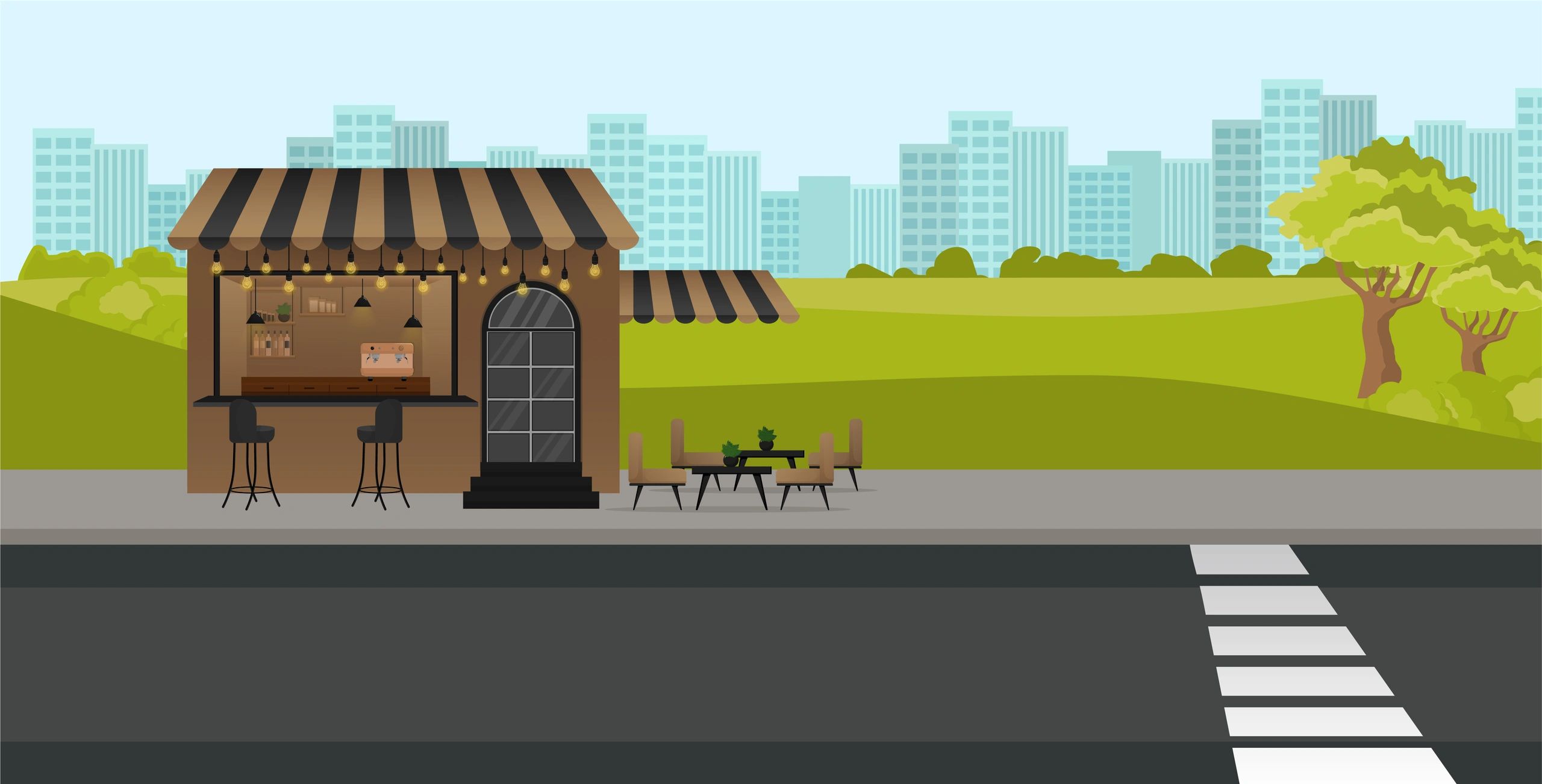 Illustrated cozy cafe street scene