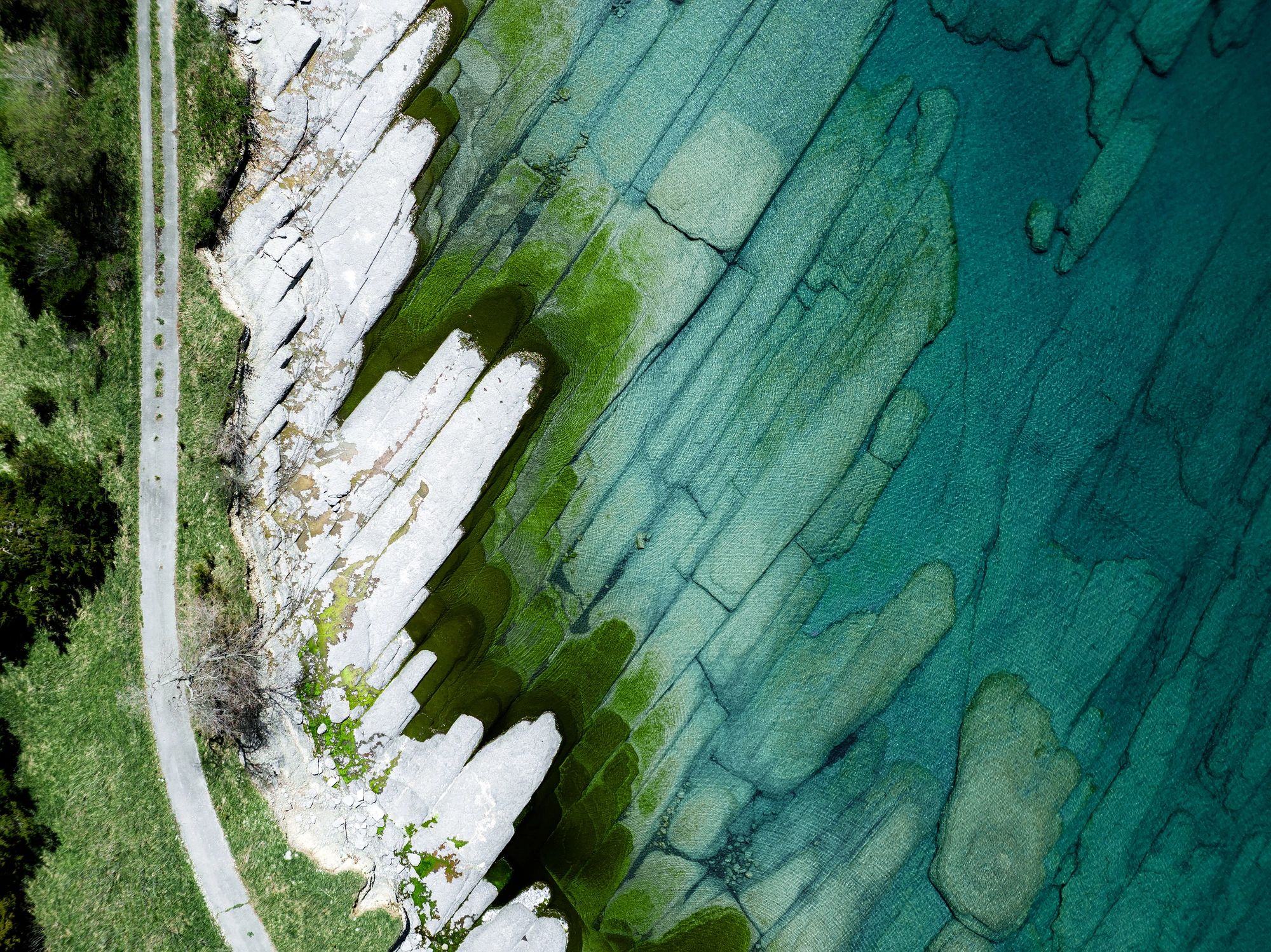 Country road beside a lakeside landscape seen from above