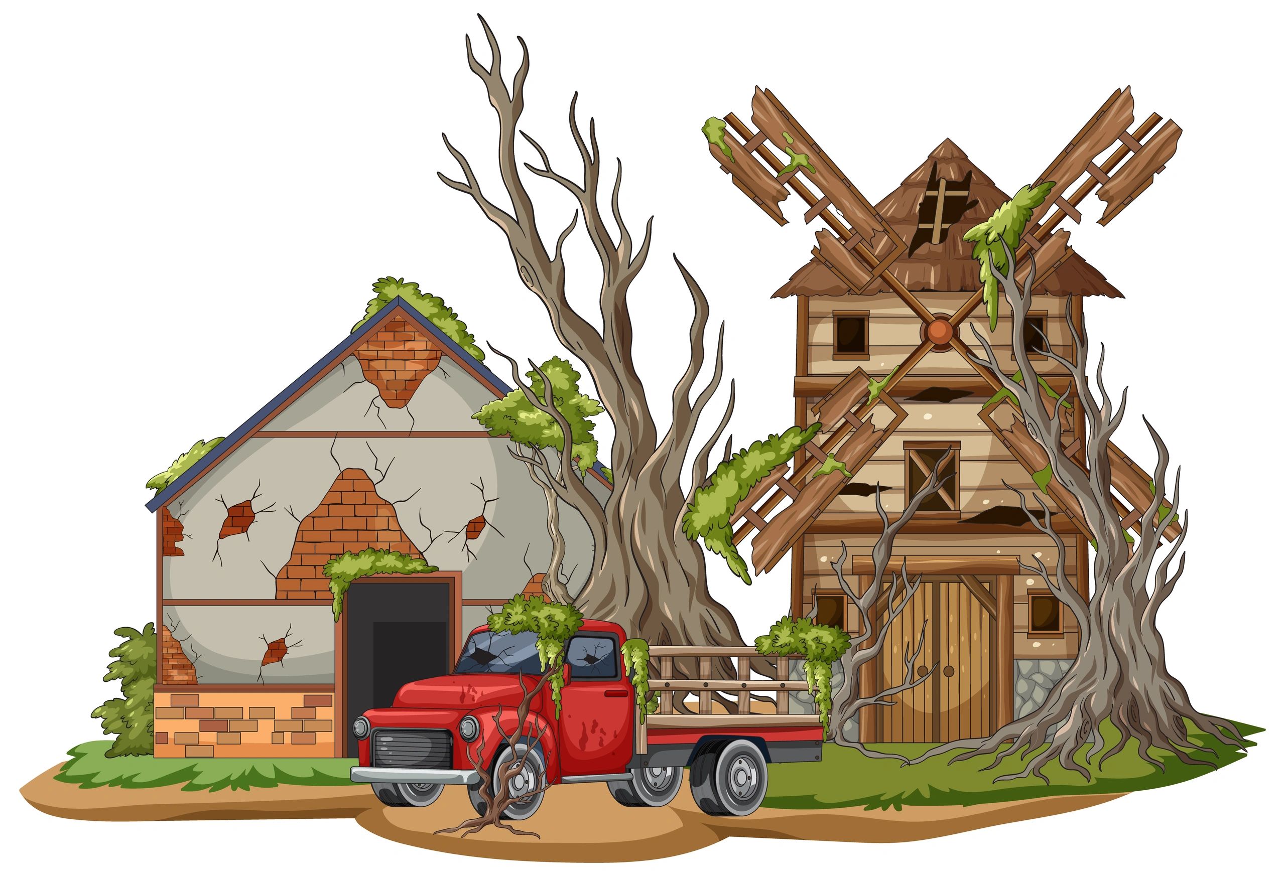 Illustrated countryside home scene for cozy mystery storytelling