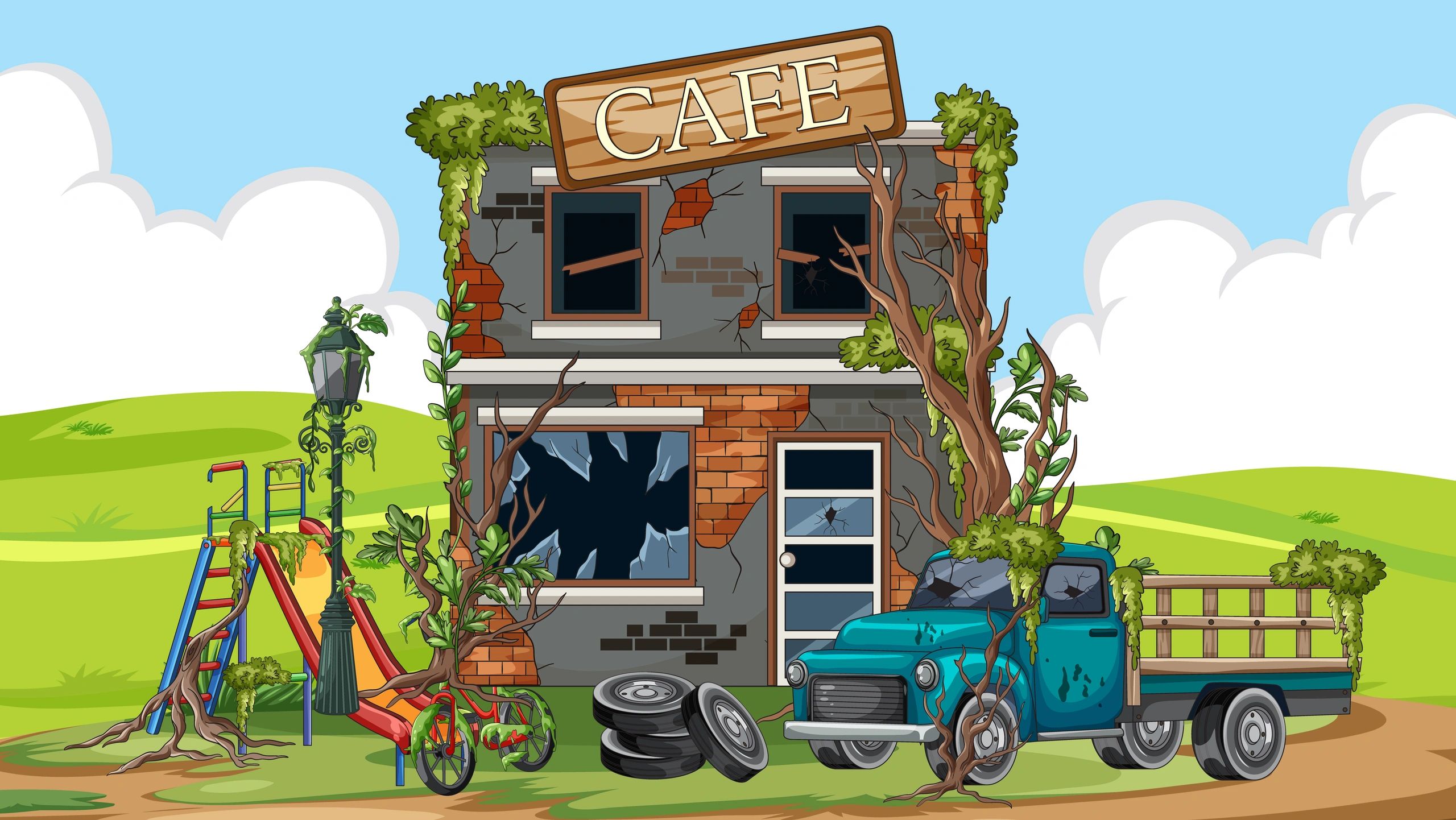 Illustrated whimsical roadside cafe scene